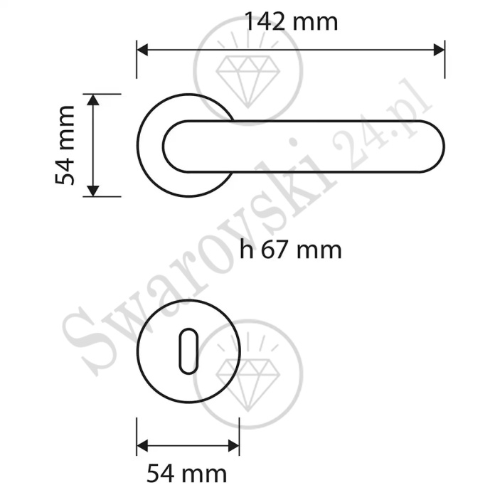 Klamka Madame Crystal z szyldem na klucz - wymiary.